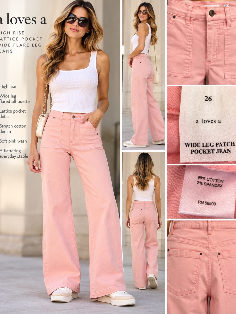 A Loves A High Rise Wide Leg Flare Jeans Pink Patch Pocket Size 26 NWT